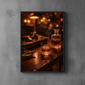 May include: A framed image of a dimly lit bar scene. A turntable, a glass of whiskey with ice, a decanter, and a lit cigar in an ashtray sit on a wooden surface. Smoke rises from the cigar. The background is blurred with warm, golden light.