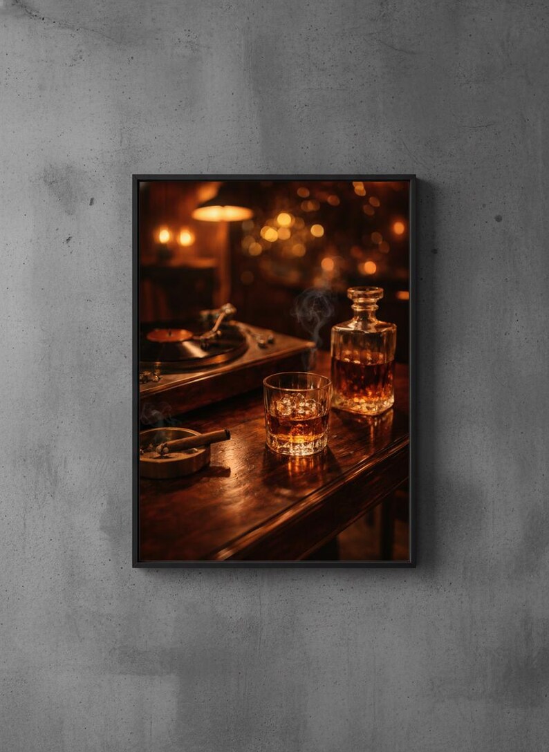 May include: A framed image of a dimly lit bar scene. A turntable, a glass of whiskey with ice, a decanter, and a lit cigar in an ashtray sit on a wooden surface. Smoke rises from the cigar. The background is blurred with warm, golden light.