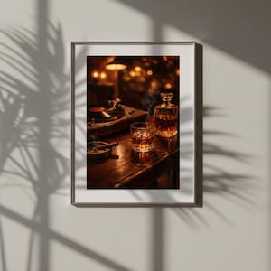 Whiskey and Cigar Art Print, Vintage Record Player Poster, Moody Bar Cart Decor, Man Cave Wall Art, Old Money Aesthetic, Digital Download image 3