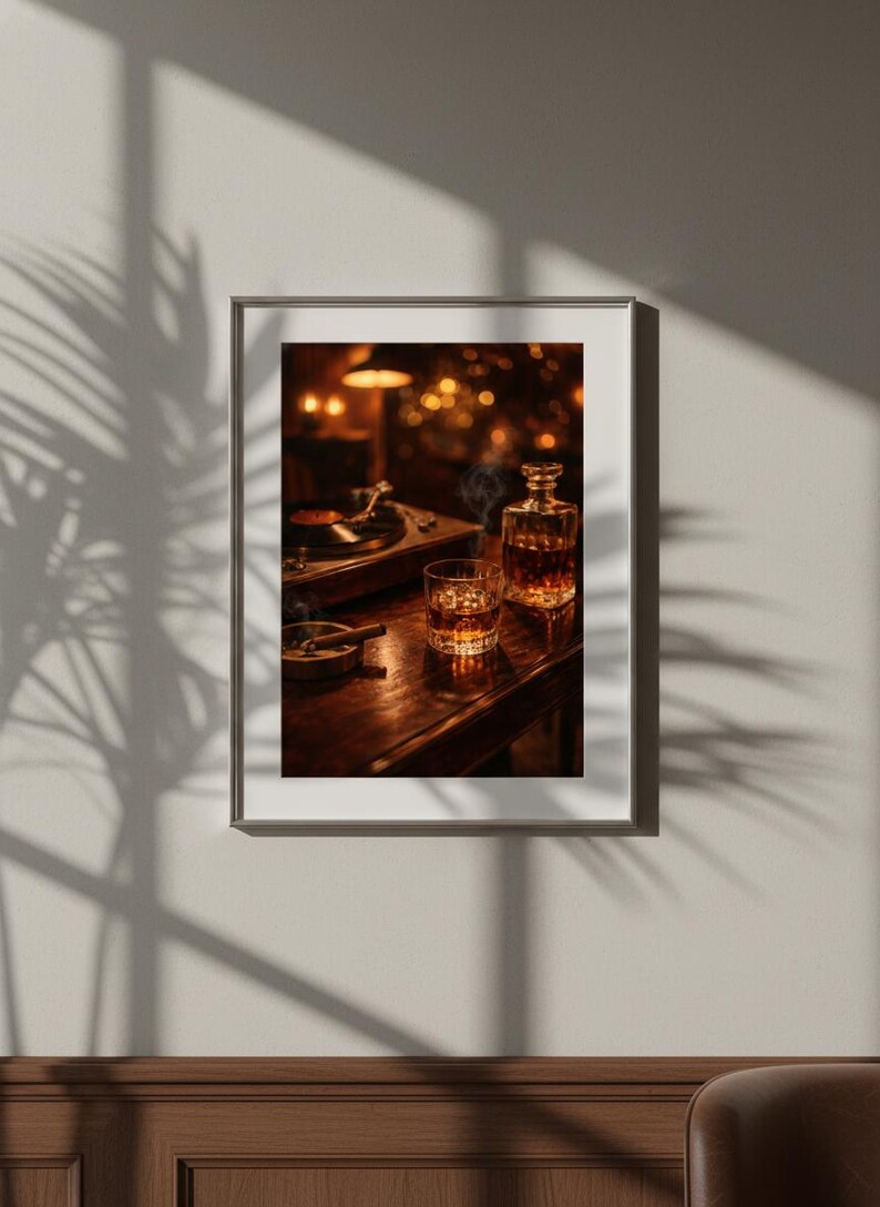 Whiskey and Cigar Art Print, Vintage Record Player Poster, Moody Bar Cart Decor, Man Cave Wall Art, Old Money Aesthetic, Digital Download image 3