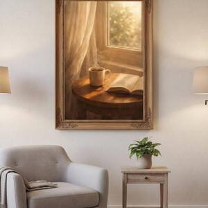 Stampa "Cozy Morning Coffee", quadro da parete con libro aperto, decorazione per la stanza in stile Hygge, poster con estetica da caffè, decorazione Light Academia, arte per la cucina, download digitale immagine 4
