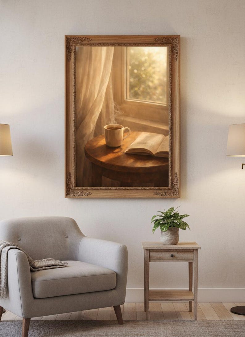 Stampa "Cozy Morning Coffee", quadro da parete con libro aperto, decorazione per la stanza in stile Hygge, poster con estetica da caffè, decorazione Light Academia, arte per la cucina, download digitale immagine 4