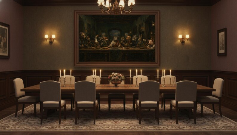 Impression animalière La Cène, affiche drôle de chat, art de la Renaissance pour animaux de compagnie, déco académique sombre, art mural de salle à manger lunatique, téléchargement numérique image 3