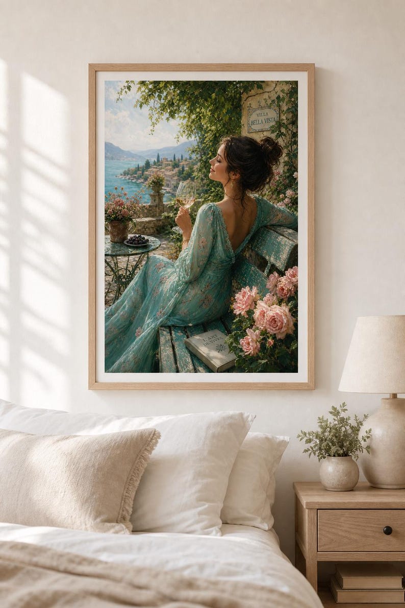 Encantadora y serena escena vinícola, elegante lámina decorativa, decoración acogedora para el hogar, idea de regalo para amantes del vino, arte inspirado en la naturaleza. imagen 2