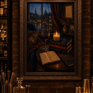 Dark Academia Wall Art, Cozy Reading Nook Print, Rainy Night Window Poster, Book Stack Art, Red Wine Decor, Bookish Aesthetic image 7