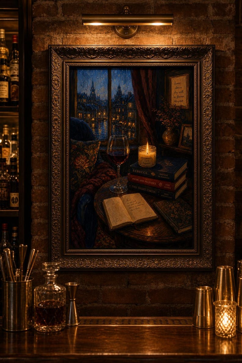 Dark Academia Wall Art, Cozy Reading Nook Print, Rainy Night Window Poster, Book Stack Art, Red Wine Decor, Bookish Aesthetic image 7