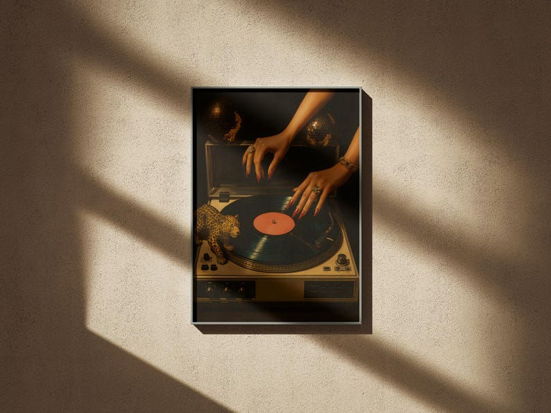 vinyl player poster, record player poster, vinyl player print, fashion icon print, leopard poster, Boho Record, Music Nook Decor, Warm Botanical Art, Record Player Art, Reading Nook Art, Retro Music Art, record player print, Dj Poster