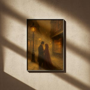 May include: Framed artwork showing a couple embracing in a snowy street at night. A gas lamp lights the scene, with buildings lining the street. The woman wears a red cloak, and the man wears a hat and coat. The artwork has a vintage, romantic feel.