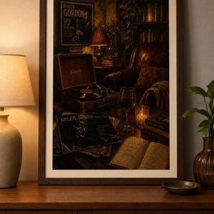 Encantador cuadro de jazz y vino para pared, ambiente romántico y acogedor, decoración con música jazz, perfecto para el bar de casa o la sala de estar, impresión de descarga instantánea. imagen 3