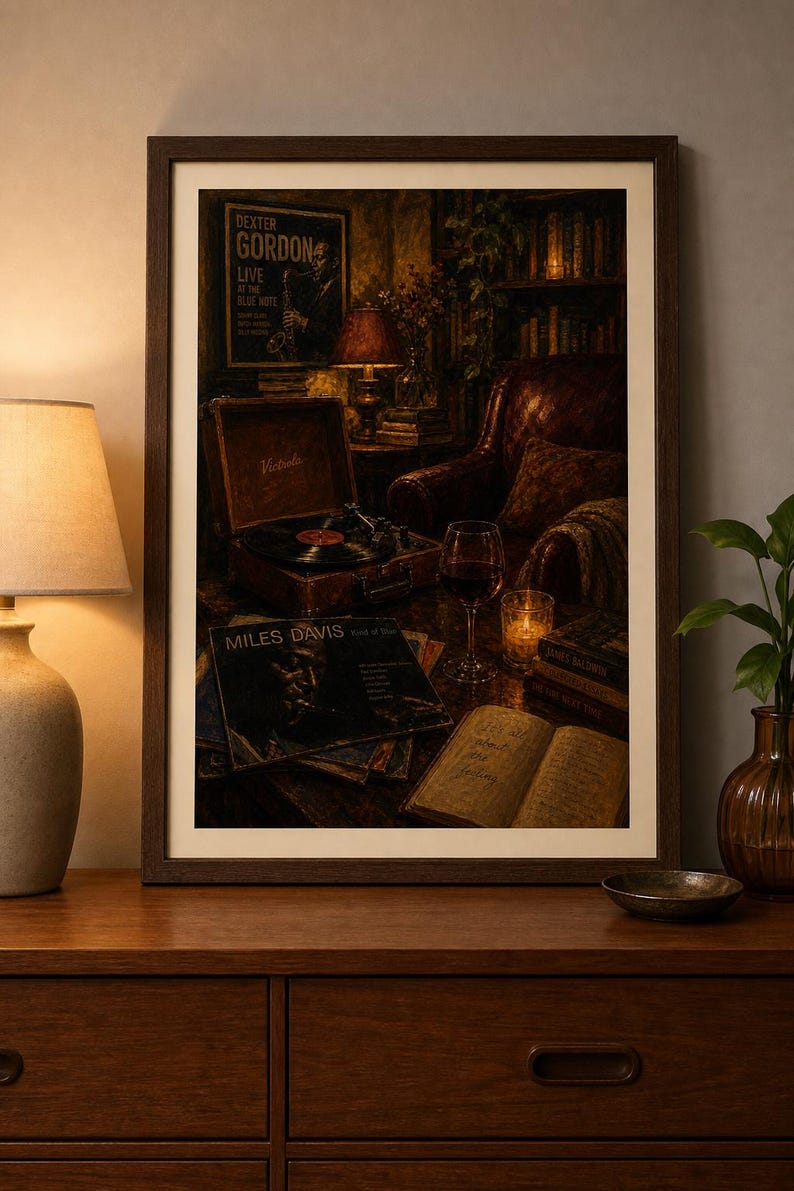 Encantador cuadro de jazz y vino para pared, ambiente romántico y acogedor, decoración con música jazz, perfecto para el bar de casa o la sala de estar, impresión de descarga instantánea. imagen 3