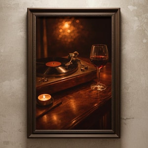 May include: A framed image showing a vintage record player with a vinyl record, a glass of red wine, and a lit candle. The scene is set on a dark wooden surface, creating a warm atmosphere. The image is framed in a dark brown frame.