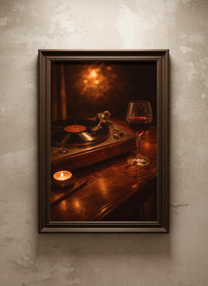 May include: A framed image showing a vintage record player with a vinyl record, a glass of red wine, and a lit candle. The scene is set on a dark wooden surface, creating a warm atmosphere. The image is framed in a dark brown frame.