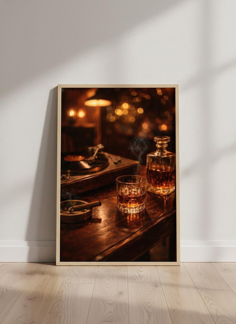 May include: A framed print featuring a vintage scene with a record player, a glass of whiskey with ice, a decanter, and a lit cigar in an ashtray. The warm lighting creates a cozy, inviting atmosphere, perfect for a home bar or lounge.