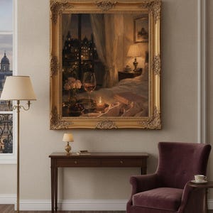 May include: A large, ornate gold-framed painting depicting a cozy bedroom scene at night, featuring a glass of wine, a small bouquet of flowers, a lit candle, and an open book on a bed, with a city view visible through a window in the background.