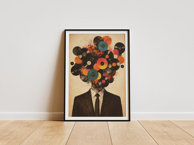 Väggkonst för musikälskare, vinylskivhuvudtryck, retro surrealism-affisch, DJ-present, audiofildekor, abstrakt collagekonst, digital nedladdning bild 1