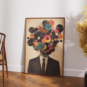 Väggkonst för musikälskare, vinylskivhuvudtryck, retro surrealism-affisch, DJ-present, audiofildekor, abstrakt collagekonst, digital nedladdning bild 4