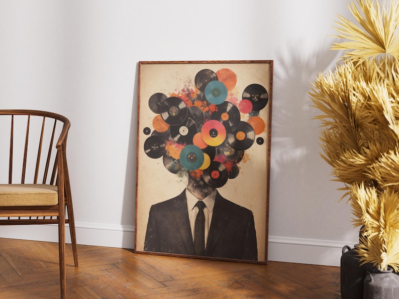 Väggkonst för musikälskare, vinylskivhuvudtryck, retro surrealism-affisch, DJ-present, audiofildekor, abstrakt collagekonst, digital nedladdning bild 4