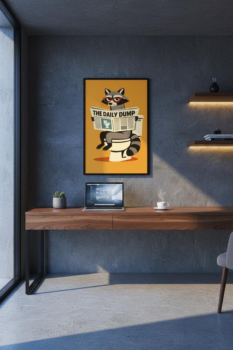 Op de afbeelding: Een ingelijste kunstprint met een wasbeer met een bril die de krant "THE DAILY DUMP" leest op een toilet. Het kunstwerk heeft een gele achtergrond en staat boven een houten bureau met een laptop en een kleine plant.