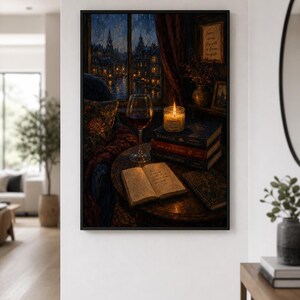 Dark Academia Wall Art, Cozy Reading Nook Print, Rainy Night Window Poster, Book Stack Art, Red Wine Decor, Bookish Aesthetic image 2