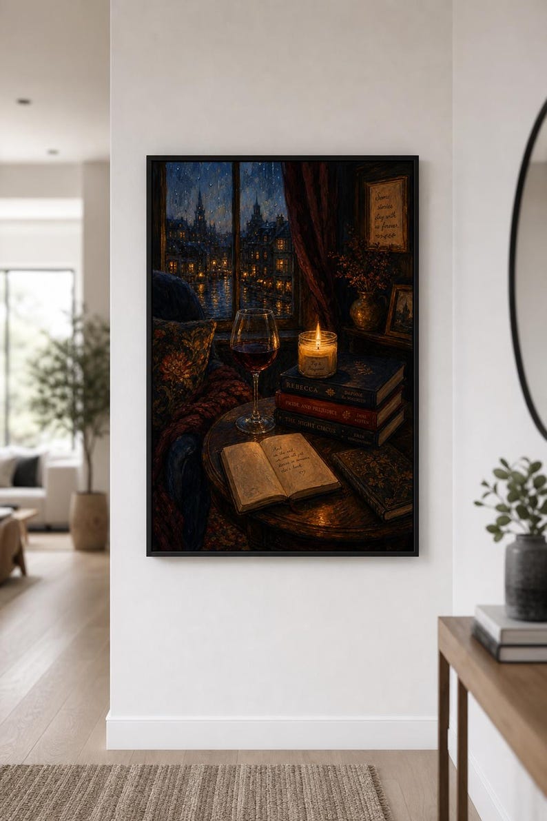 Dark Academia Wall Art, Cozy Reading Nook Print, Rainy Night Window Poster, Book Stack Art, Red Wine Decor, Bookish Aesthetic image 2