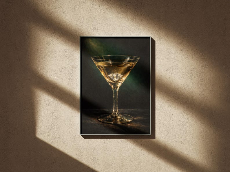 Puede incluir: Una impresi&oacute;n enmarcada que presenta una copa de martini llena de un l&iacute;quido dorado y un objeto en forma de diamante. El vaso est&aacute; centrado contra un fondo oscuro con acentos verdes y dorados. La impresi&oacute;n se muestra en una pared beige con sombras.