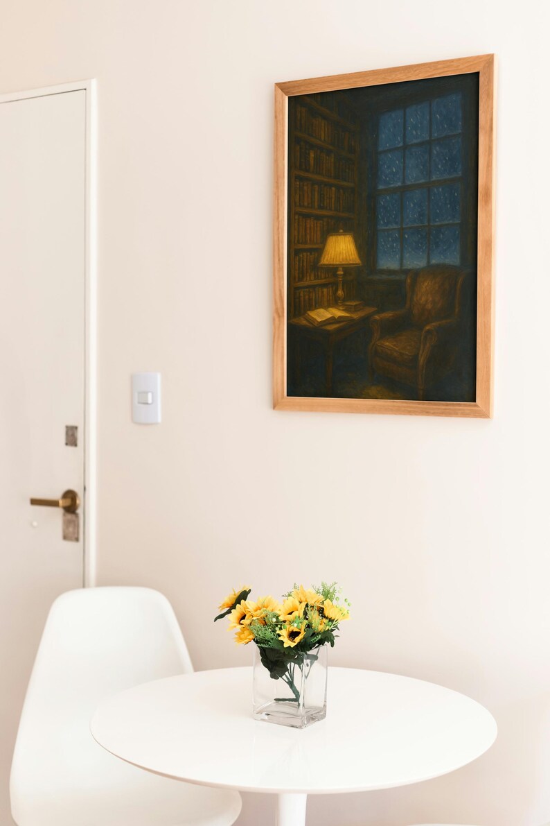 Peut inclure: Peinture encadr&eacute;e d'une sc&egrave;ne de biblioth&egrave;que avec une lampe allum&eacute;e, un fauteuil et une fen&ecirc;tre sur une nuit &eacute;toil&eacute;e. Une petite table avec un vase de tournesols est devant une table et une chaise blanches.