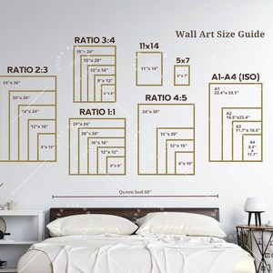 May include: Wall art size guide with various aspect ratios and dimensions in inches. Includes ratios 2:3, 3:4, 1:1, 4:5, and 11x14, along with A1-A4 (ISO) sizes. A queen bed is shown below the guide.