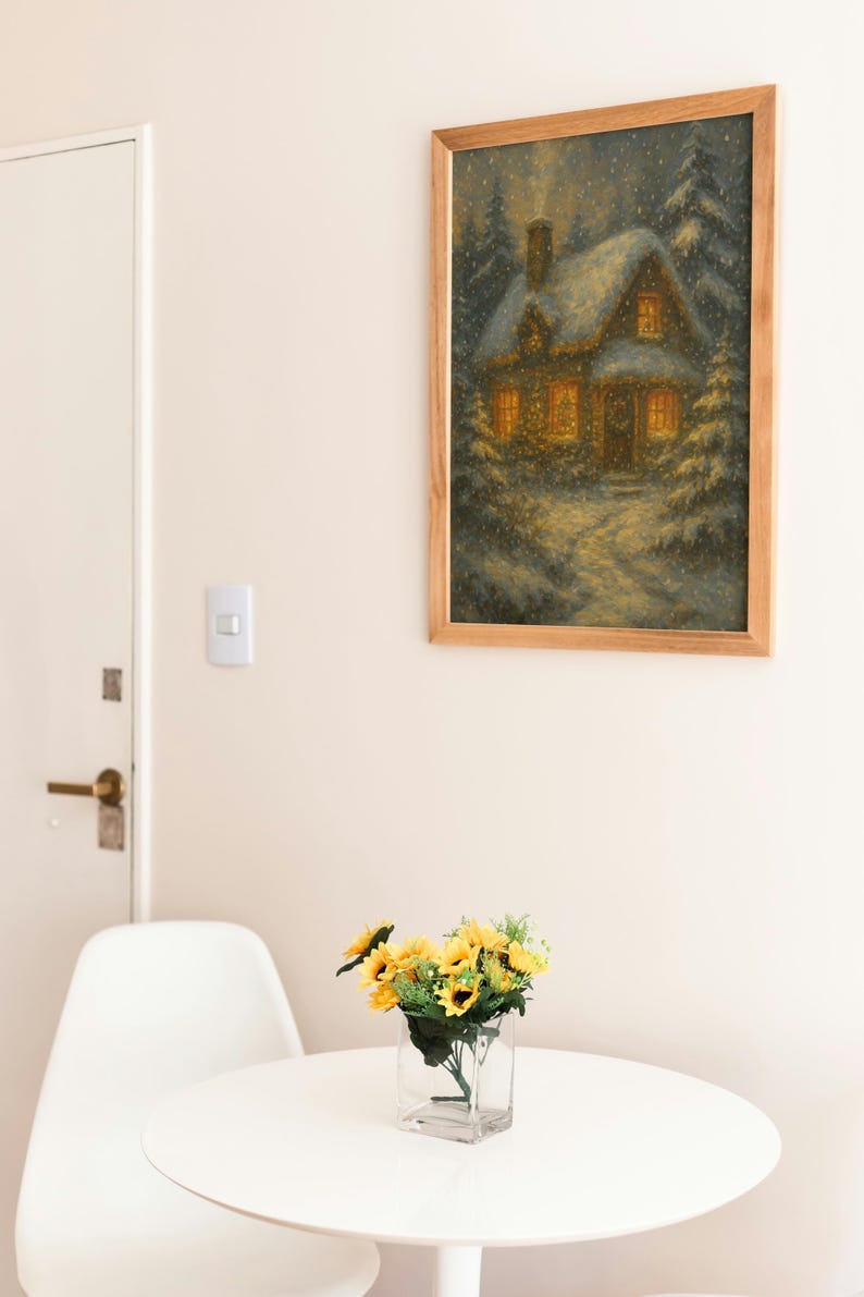 K&ouml;nnte beinhalten: Ein gerahmtes Gem&auml;lde eines schneebedeckten Hauses mit beleuchteten Fenstern h&auml;ngt an einer Wand. Ein kleiner wei&szlig;er Tisch tr&auml;gt eine klare Glasvase mit gelben Sonnenblumen. Ein wei&szlig;er Stuhl steht neben dem Tisch. Der Raum hat eine neutrale Farbpalette.