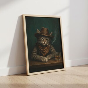 Cowboykatttryck, roligt rökande djur, whiskybarvagnsdekor, vintage westernposter, man cave-väggkonst, stämningsfull målning, digital nedladdning bild 6