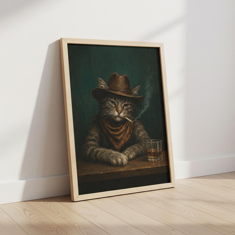 Cowboykatttryck, roligt rökande djur, whiskybarvagnsdekor, vintage westernposter, man cave-väggkonst, stämningsfull målning, digital nedladdning bild 6