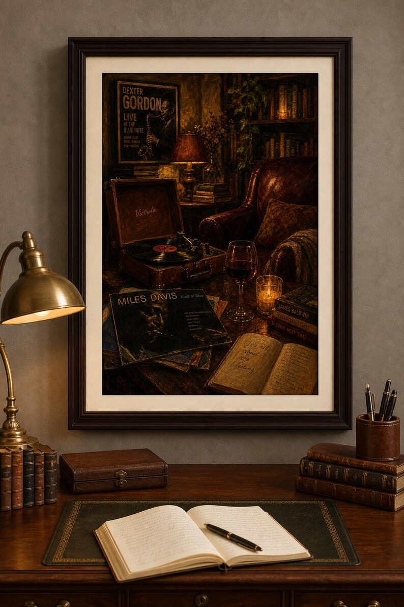 Encantador cuadro de jazz y vino para pared, ambiente romántico y acogedor, decoración con música jazz, perfecto para el bar de casa o la sala de estar, impresión de descarga instantánea. imagen 1