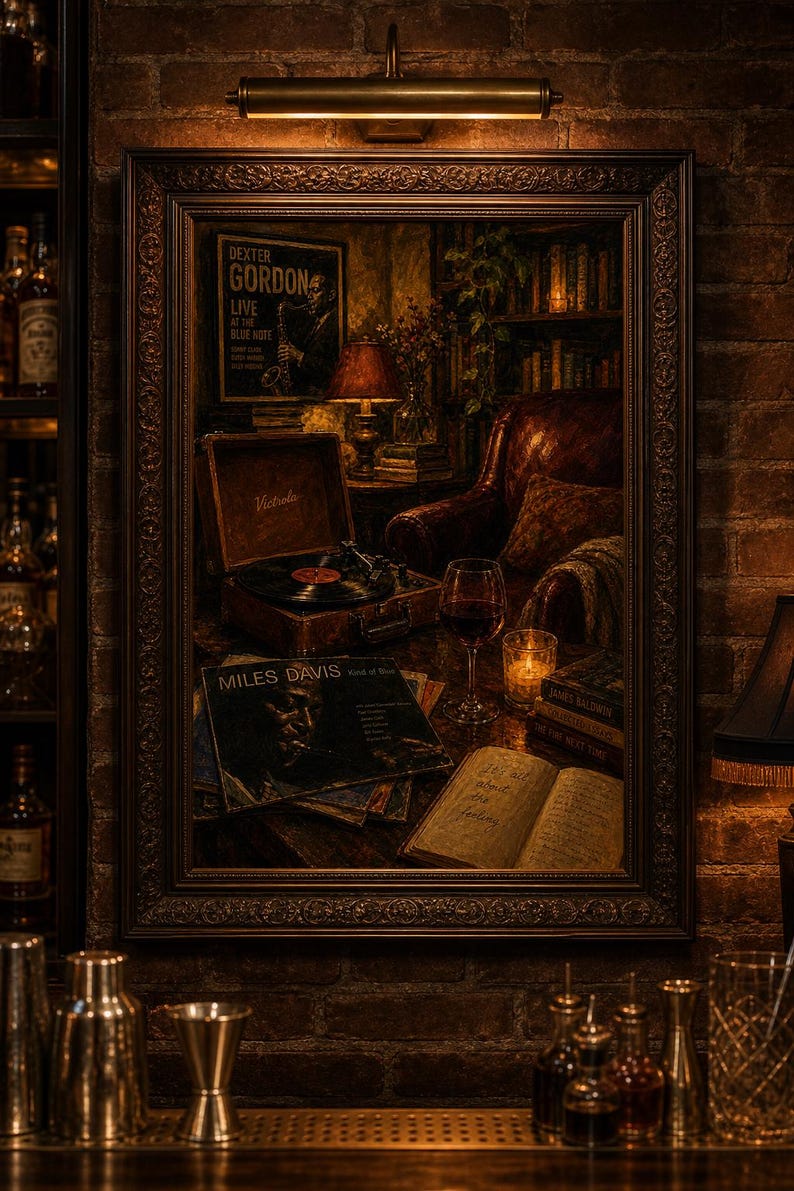 Encantador cuadro de jazz y vino para pared, ambiente romántico y acogedor, decoración con música jazz, perfecto para el bar de casa o la sala de estar, impresión de descarga instantánea. imagen 6