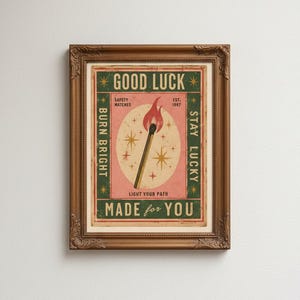 Vintage Matchbox-tryck, lycka till-affisch, retro tändstickskonst, trendig barvagnsdekor, eklektisk väggkonst, dopamindekor, digital nedladdning bild 14