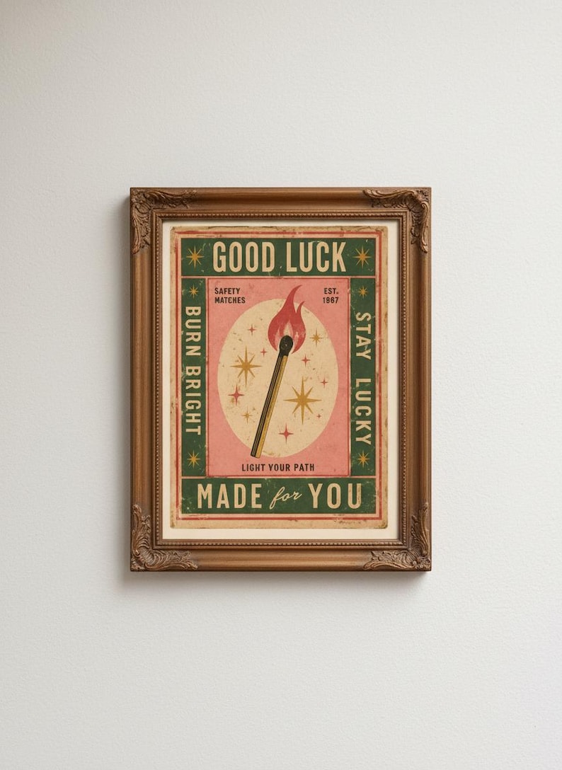 Vintage Matchbox-tryck, lycka till-affisch, retro tändstickskonst, trendig barvagnsdekor, eklektisk väggkonst, dopamindekor, digital nedladdning bild 14