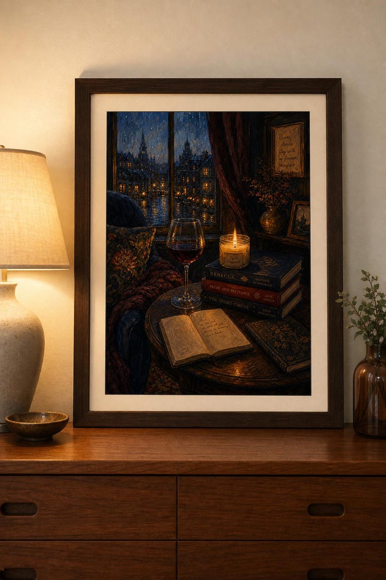 Dark Academia Wall Art, Cozy Reading Nook Print, Rainy Night Window Poster, Book Stack Art, Red Wine Decor, Bookish Aesthetic image 1