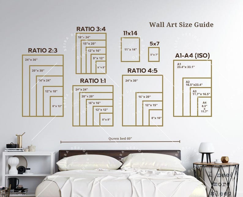 May include: Wall art size guide with various aspect ratios and dimensions in inches. Includes ratios 2:3, 3:4, 1:1, 4:5, and 11x14, along with A1-A4 (ISO) sizes. A queen bed is shown below the guide.