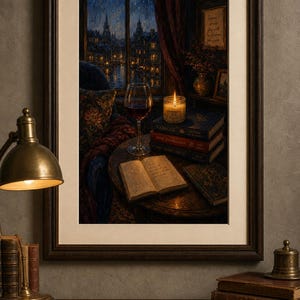 Dark Academia Wall Art, Cozy Reading Nook Print, Rainy Night Window Poster, Book Stack Art, Red Wine Decor, Bookish Aesthetic image 3