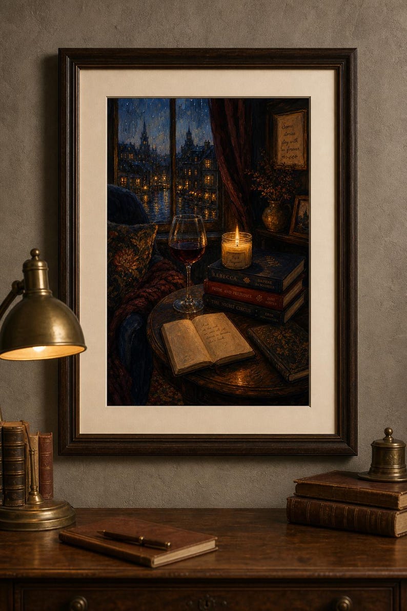 Dark Academia Wall Art, Cozy Reading Nook Print, Rainy Night Window Poster, Book Stack Art, Red Wine Decor, Bookish Aesthetic image 3
