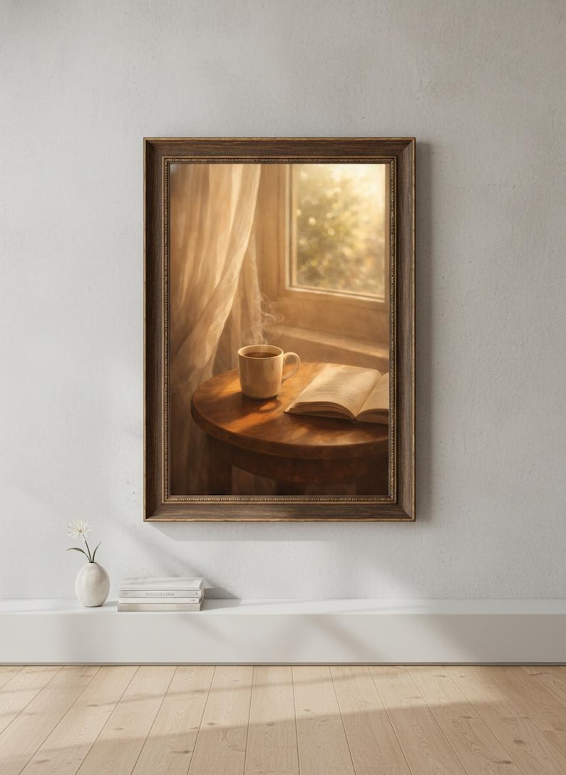Stampa "Cozy Morning Coffee", quadro da parete con libro aperto, decorazione per la stanza in stile Hygge, poster con estetica da caffè, decorazione Light Academia, arte per la cucina, download digitale immagine 1