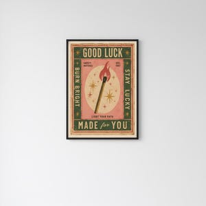 Vintage Matchbox-tryck, lycka till-affisch, retro tändstickskonst, trendig barvagnsdekor, eklektisk väggkonst, dopamindekor, digital nedladdning bild 7