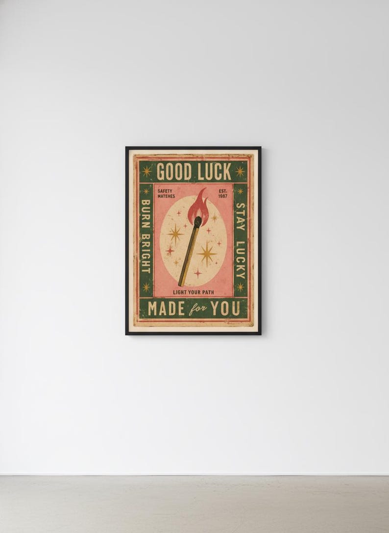 Vintage Matchbox-tryck, lycka till-affisch, retro tändstickskonst, trendig barvagnsdekor, eklektisk väggkonst, dopamindekor, digital nedladdning bild 7