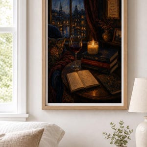 Dark Academia Wall Art, Cozy Reading Nook Print, Rainy Night Window Poster, Book Stack Art, Red Wine Decor, Bookish Aesthetic image 5