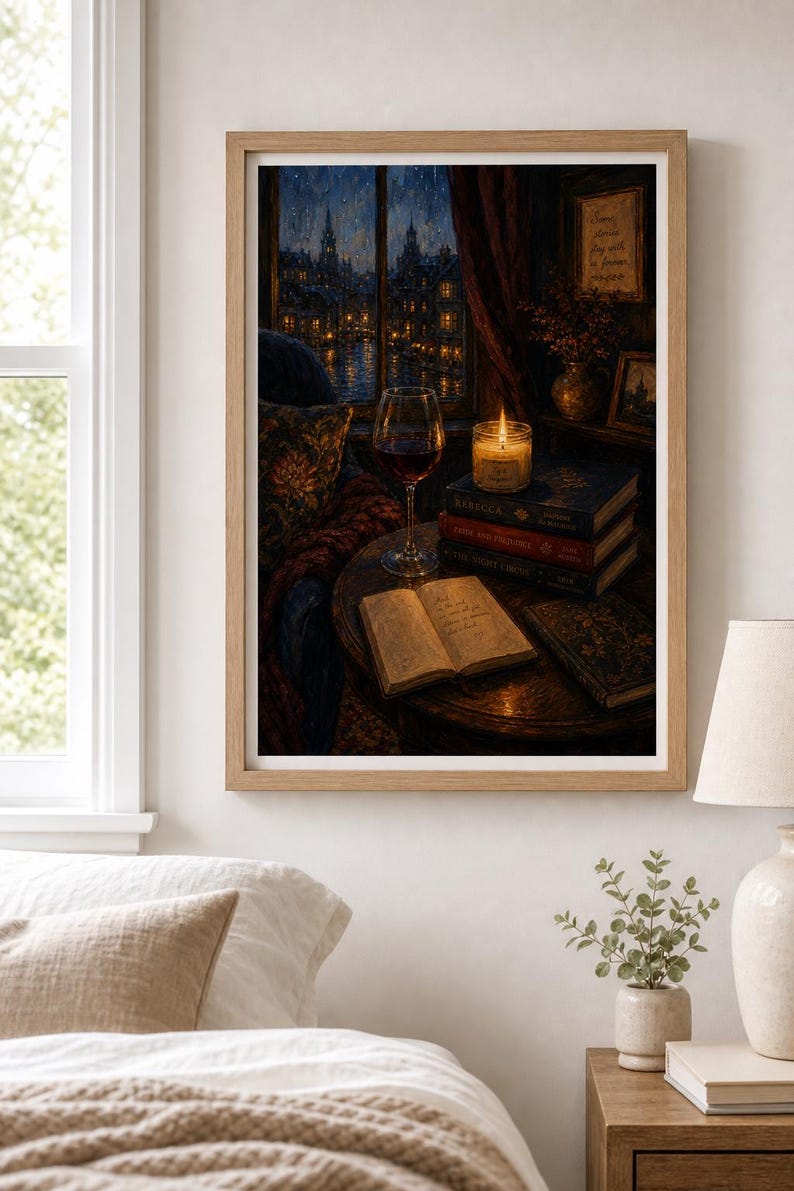 Dark Academia Wall Art, Cozy Reading Nook Print, Rainy Night Window Poster, Book Stack Art, Red Wine Decor, Bookish Aesthetic image 5