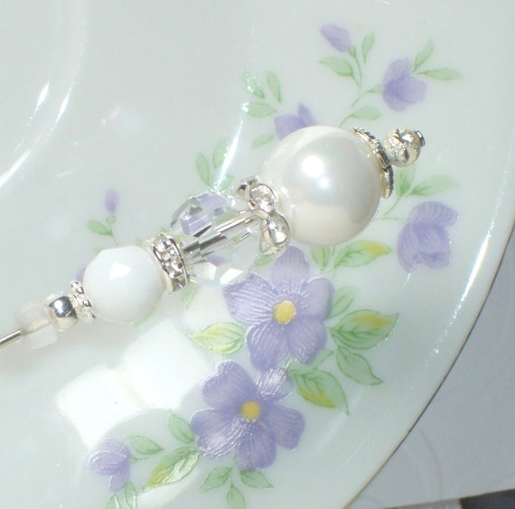 Items similar to White Pearl and Crystal 6" Hat Pin Stick pin Vintage