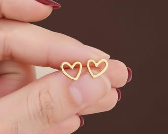 Gold Heart Stud Earrings, Stainless Steel Minimalist Jewelry