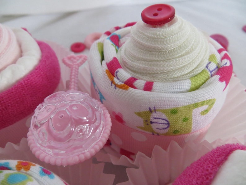 Baby Shower Gift Set BodysuitSocks Cupcakes with WashclothDiaper Cupcakes Set of 4 Baby Girl
