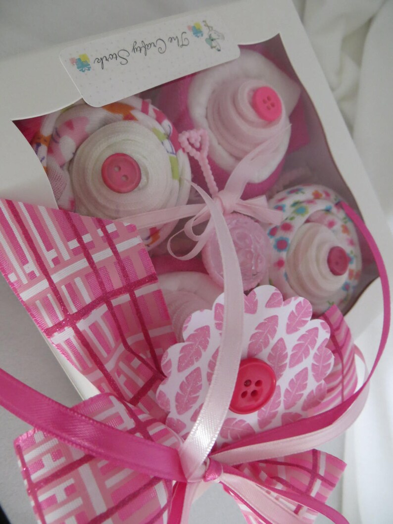 Baby Shower Gift Set BodysuitSocks Cupcakes with WashclothDiaper Cupcakes Set of 4 Baby Girl