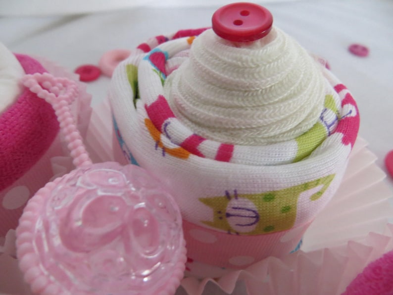 Baby Shower Gift Set BodysuitSocks Cupcakes with WashclothDiaper Cupcakes Set of 4 Baby Girl
