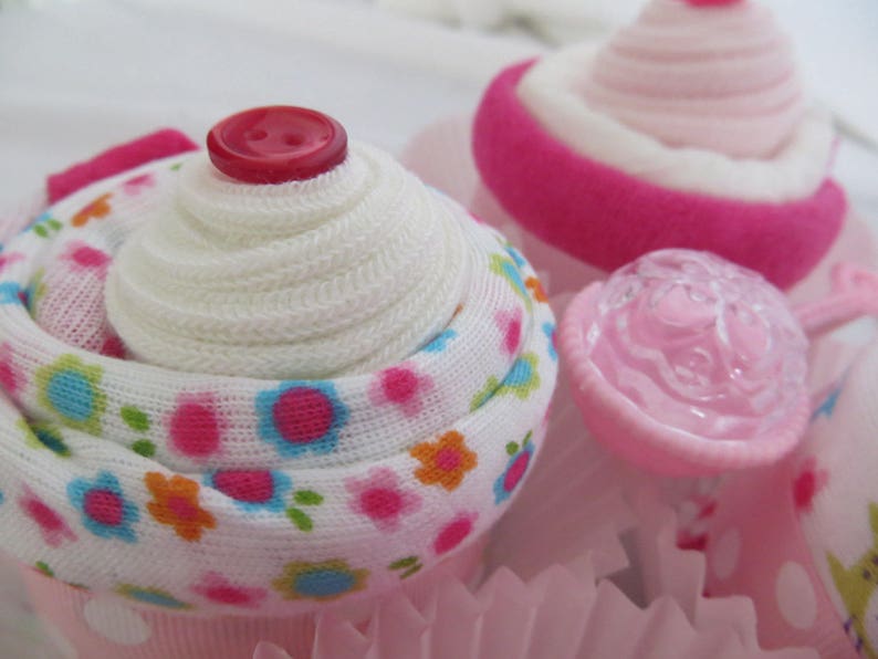 Baby Shower Gift Set BodysuitSocks Cupcakes with WashclothDiaper Cupcakes Set of 4 Baby Girl