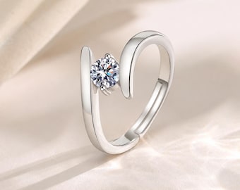 925 Sterling Silver Solitaire Ring, Adjustable Open Round Zircon, Minimalist Promise
